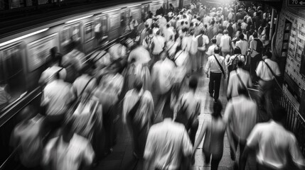 Wall Mural - A group of people walking down a subway platform with the train coming, AI