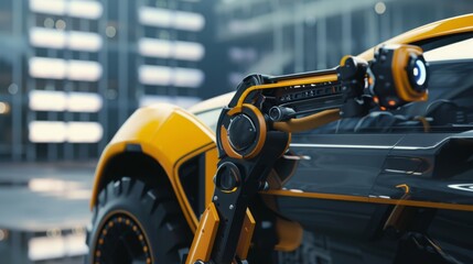 Poster - Close-Up of a Yellow Robotic Arm in a Modern Workshop