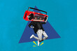 Composite sketch image trend artwork 3D photo collage of headless man funky dance incognito huge boombox instead retro vintage music play