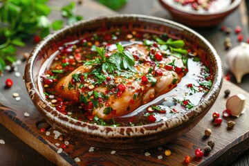 Wall Mural - A bowl filled with meat and vegetables on a wooden cutting board. Suitable for food and cooking concepts