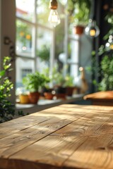 Wall Mural - A wooden table with a view of a window and potted plants