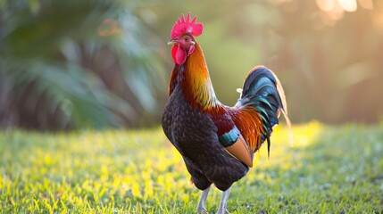 Wall Mural - A rooster with a colorful tail standing in the grass, AI