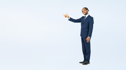 Full body photo of a Black male businessperson guiding. (We also sell PNGs that are cropped and have transparent background. Please search for 