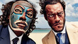 Creative portrait of a businessman with mask on a beach
