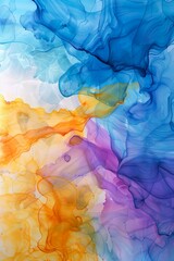 Poster - Vibrant hues of yellow, blue, and purple ink intertwine in water, creating an abstract dance of colors with a dreamlike quality.