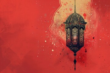 Wall Mural - A painting of a lantern hanging on a red wall. Suitable for interior design projects