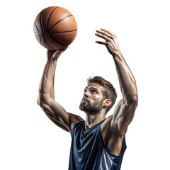 Wall Mural - Focused male basketball player shooting ball on clear background