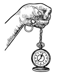 Wall Mural - Old fashioned vintage clock watch engraving PNG illustration. Scratch board style imitation. Black and white hand drawn image.