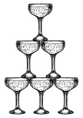 Wall Mural - Champagne glass pyramid tower sketch engraving PNG illustration. Scratch board style imitation. Black and white hand drawn image.