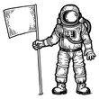 Astronaut spaceman with flag sketch engraving PNG illustration. Scratch board style imitation. Black and white hand drawn image.