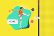 Composite trend image 3D photo collage of excited active girl open mouth scream goal foot kick ball isolated on green color background