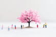 ミニチュアの桜と人々、3D CG