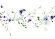 Watercolor painted floral rectangle frame on white background. Violet, blue wild flowers, green branches, leaves.