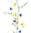 Watercolor seamless floral border frame on white background. Yellow, blue wild flowers, branches, leaves and twigs.