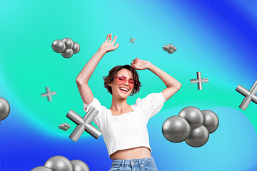 Poster - Collage young cheerful excited carefree girl sunglass eyewear entertainment leisure virtual reality simulation 3d figures elements