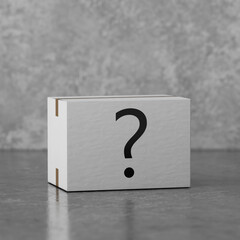 Poster - White Cardboard Box Package with Question Mark. 3d Rendering