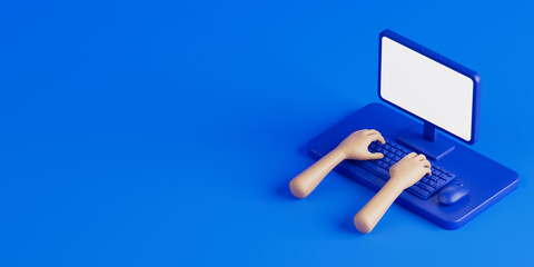 Leinwandbilder - Infographic Isometric Cartoon Scene with Desktop and Hands on a Computer Keyboard. 3d Rendering