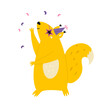 Vector illustration of a squirrel dancing in disco glasses and birthday hat.