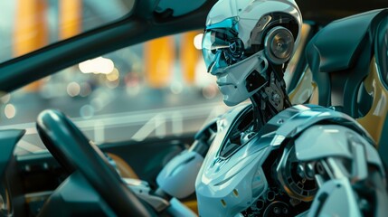 Poster - Futuristic Robot Driving Car in City
