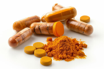 Wall Mural - Turmeric powder and pills on a white background. Selective focus.