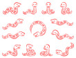 赤い筆書き調の蛇の線画イラストセット
