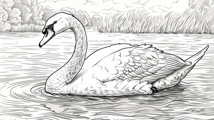 Animal Coloring Book: A graceful swan swimming on a tranquil lake