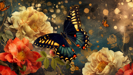 Wall Mural - Watercolor painting of butterfly and flowers on grunge background with butterflies.