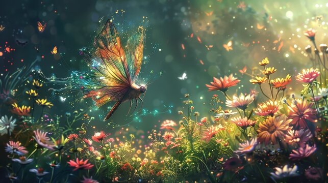 fantasy: a coloring book page depicting a whimsical fairy flying among colorful flowers in a magical