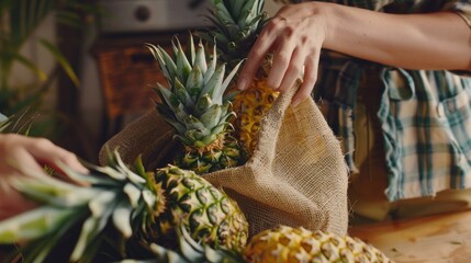 Wall Mural - Fresh pineapples displayed on a wooden table. Suitable for tropical fruit concept