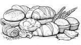 Fototapeta Londyn - Food: A coloring book page showcasing different types of bread, including baguettes, croissants, rolls, and loaves