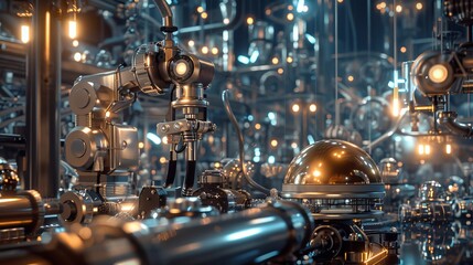 Poster - A futuristic 3D robot factory with intricate machinery and shiny robots  AI generated illustration