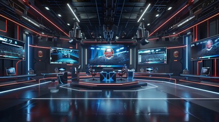 Poster - A futuristic 3D render of a sports broadcast studio  AI generated illustration