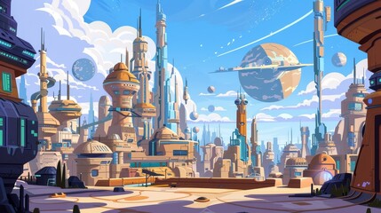 Wall Mural - A futuristic cityscape in a whimsical cartoon style  AI generated illustration