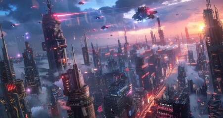 A futuristic cityscape with neon-lit mechs battling it out in the sky  AI generated illustration