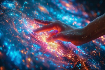 Wall Mural - A hand is reaching out into a galaxy of glowing stars