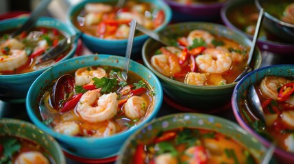 Wall Mural - Colorful bowls of spicy Thai tom yum soup, filled with fragrant lemongrass, chili peppers, and succulent shrimp, a beloved Thai street food staple.