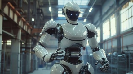 Poster - Futuristic Robot Standing in an Industrial Warehouse