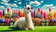 llama wearing colorful sunglasses in a floral setting ecological portrait