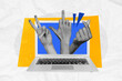 Composite photo collage of macbook screensaver hands show gesture korean love victory two rude abuse fingers isolated on painted background