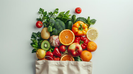 Zero waste food shopping with reusable bags, Flat lay with fruits and vegetables in textile tote bag isolated on white background with copyspace