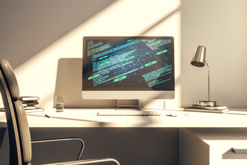 Poster - Abstract creative coding illustration on modern computer monitor, software development concept. 3D Rendering