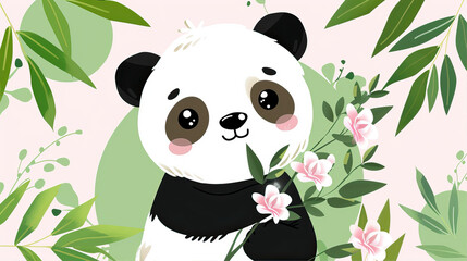 Wall Mural - Cute panda holding flowers
