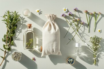 Wall Mural - A bottle of perfume surrounded by beautiful flowers and herbs, perfect for beauty or nature-themed designs