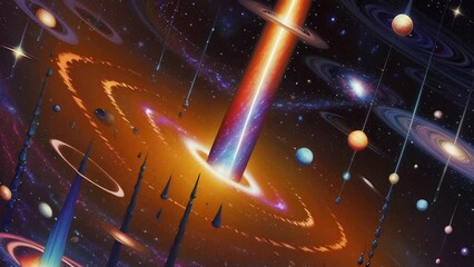 Wall Mural - Futuristic cosmic animation with rotating galaxy in bright universe. Bright cosmic animation with illustrations transformations, music visualization concept. AI generated video