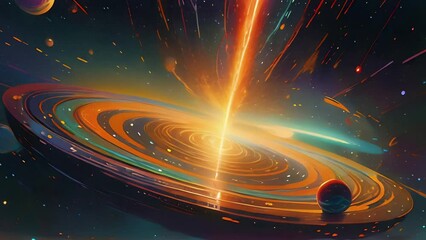 Wall Mural - Futuristic cosmic animation with rotating galaxy in bright universe. Bright cosmic animation with illustrations transformations, music visualization concept. AI generated video