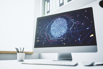 Poster - Abstract creative fingerprint illustration on modern laptop monitor, digital access concept. 3D Rendering