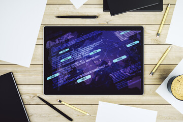 Poster - Abstract creative coding illustration with world map on modern digital tablet display, international software development concept. Top view. 3D Rendering