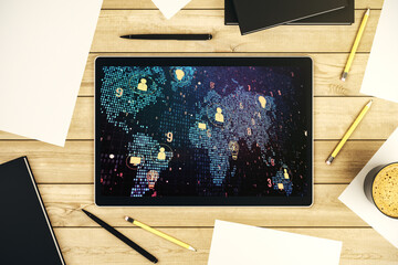 Aufkleber - Top view of modern digital tablet screen with social network icons concept and world map. Networking concept. 3D Rendering