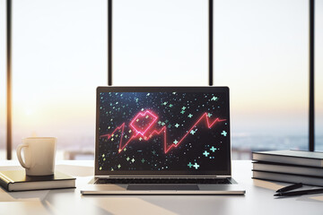 Poster - Creative abstract heart rate sketch on modern laptop monitor, Medicine and healthcare concept. 3D Rendering