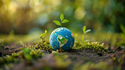 A small blue globe with green leaves on top of it